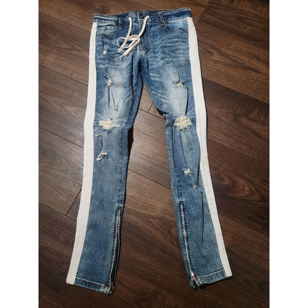 Hyper Denim Jeans Mens 34x30 Blue Medium Wash Skinny Distressed Stripe Ankle Zip